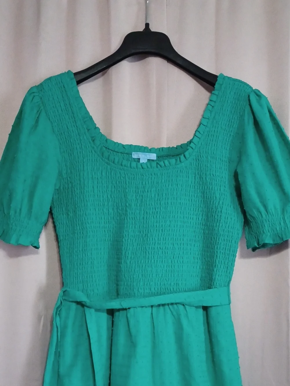 Draper James Green Smocked Puff Sleeve Square Neck Cotton Dress Pockets Size L